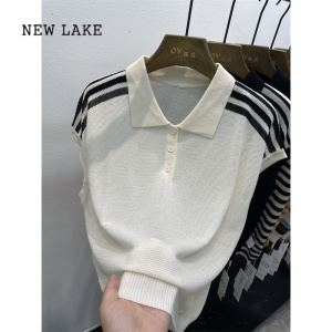 NEW LAKE大码女装夏季新款Polo领拼色冰丝短袖T恤纽扣洋气减龄无袖上衣潮