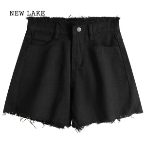 NEW LAKE黑色辣妹毛边牛仔短裤夏季小个子设计感热裤高腰显瘦a字阔腿裤子