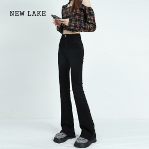 NEW LAKE高腰微喇叭牛仔裤女2024新款春秋修身小个子垂感拖地裤黑色马蹄裤