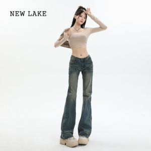 NEW LAKE复古微喇叭裤女 春季新款美式辣妹中低腰提臀显瘦宽松拖地牛仔裤