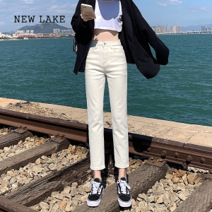 NEW LAKE米白色烟管牛仔裤女春秋2024年春季新款高腰显瘦春款杏色直筒裤子