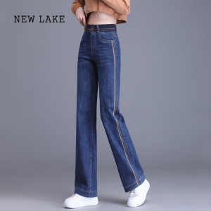 NEW LAKE直筒牛仔裤女2024年新款春季高腰弹力宽松紧腰刺九分花窄版阔腿裤