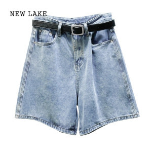 NEW LAKE蓝色复古牛仔短裤女薄款夏季2024年新款高腰显瘦阔腿裤子