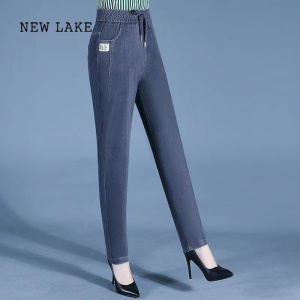 NEW LAKE冰丝中年女牛仔裤2024新款夏季薄款高腰显瘦妈妈哈伦直筒裤子