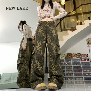 NEW LAKE美式高街豹纹工装长裤女春季小众设计感宽松复古高腰阔腿休闲长裤