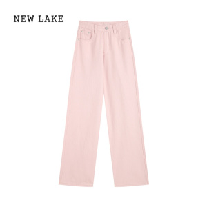 NEW LAKEMATTUCLB 粉色牛仔裤女薄款高腰显瘦百搭直筒宽松阔腿裤长裤