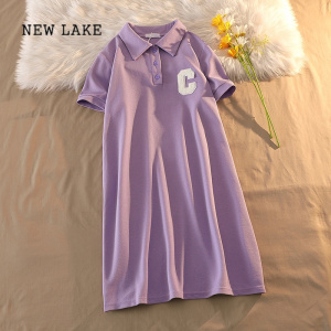 NEW LAKE紫色刺绣短袖连衣裙女装夏季小个子休闲学院风宽松显瘦polo领裙子