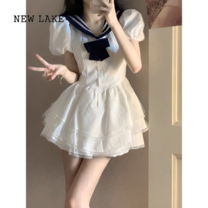 NEW LAKE法式短袖连衣裙女夏季领仙女蓬蓬公主裙高级感气质小个子短裙