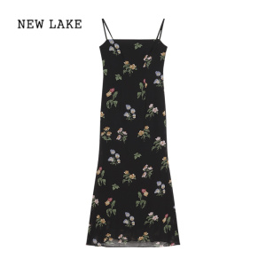 NEW LAKE复古黑色印花吊带连衣裙女装夏季包臀裙收腰显瘦裙子度假小众长裙