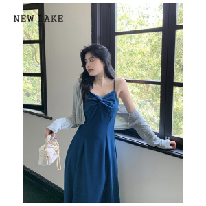 NEW LAKE大码女装法式蓝色V领吊带裙配开衫遮肚显瘦连衣裙女胖mm套装裙子