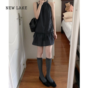 NEW LAKE法式复古高级感黑色挂脖连衣裙女2024年夏季新款高端气质显瘦短裙