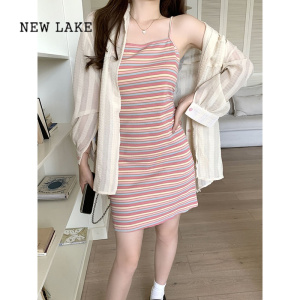 NEW LAKE大码粉色条纹吊带裙配开衫洋气减龄微胖女生短裙子