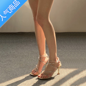 SUNTEK2023年夏季新款欧美超高跟凉鞋女细跟水钻绑带金色性感水晶罗马鞋