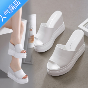 SUNTEK10M坡跟拖鞋女夏季外穿2023新款韩版防水台松糕厚底白色鱼嘴凉鞋