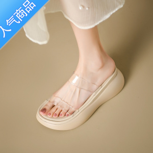 SUNTEK2023新款厚底凉鞋女夏透明高跟凉鞋设计感小众松糕坡跟凉拖鞋外穿