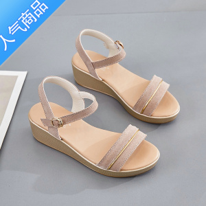 SUNTEK凉鞋女2023年夏季新款百搭时装坡跟仙女风厚底松糕一字带平底鞋子