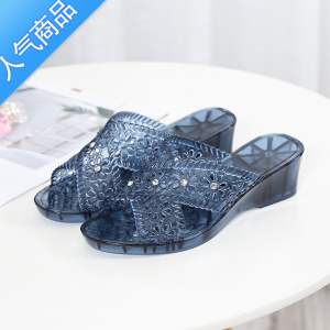 SUNTEK时尚韩版水晶果冻粗跟透明凉拖鞋女坡跟夏季外穿高跟中跟一字拖鞋