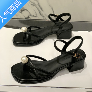 SUNTEK粗跟中跟网红套趾凉鞋女仙女风2023新款夏百搭一字扣带夹脚高跟鞋