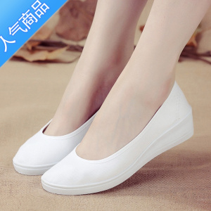 SUNTEK新款女老北京布鞋护士鞋牌小白鞋白色平底工作坡跟美容鞋软底