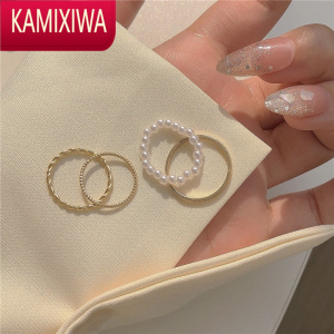KAMIXIWA组合戒指4只装~冷淡风珍珠素圈叠戴关节戒女ins哑金高级感指环潮