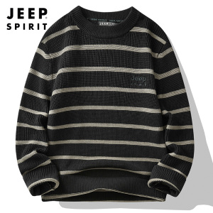 Jeep spirit吉普男士圆领毛衣百搭冬季新款针织上衣服宽松间色条纹潮款纯棉针织衫