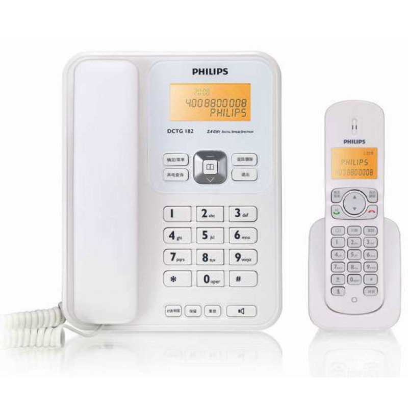 飞利浦(Philips)数字无绳电话机来电显示座机/双免提/通话静音/中文菜单/子母机座机 DCTG182(白色)