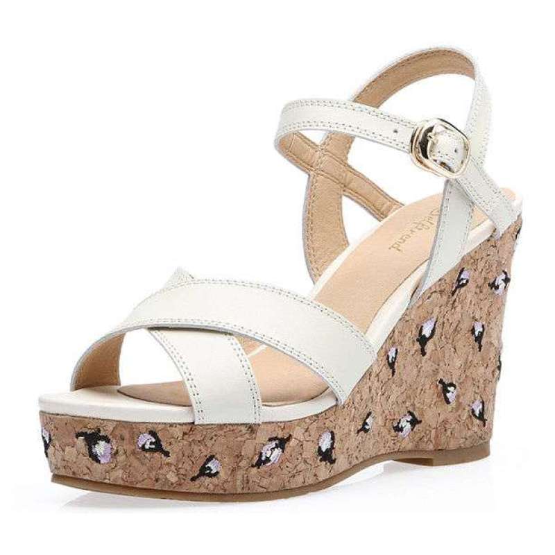 SELFTREND涉趣日系真皮绣花厚底坡跟女凉鞋白色W22006(37)