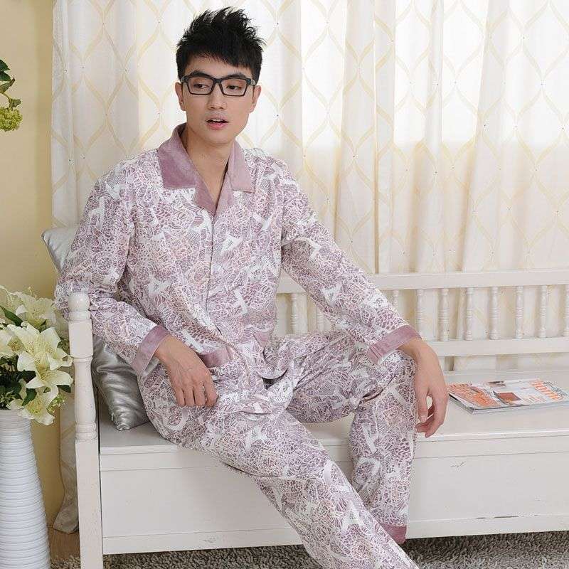 金丰田男士春秋长袖针织睡衣套装酒红色(XL)1809