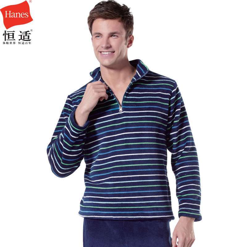 恒适 Hanes男式半开襟珊瑚绒套装条纹(XL)MLM1302-N.977.XL