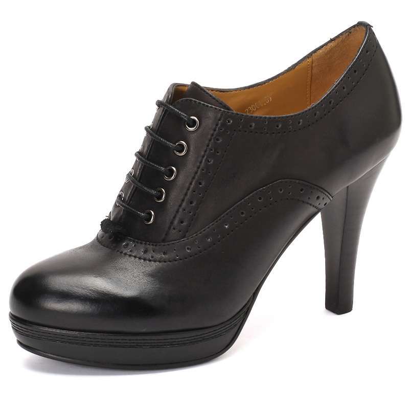 卡迪娜秋季新款高跟鞋防水台圆头单鞋真皮女鞋KL29921黑色36