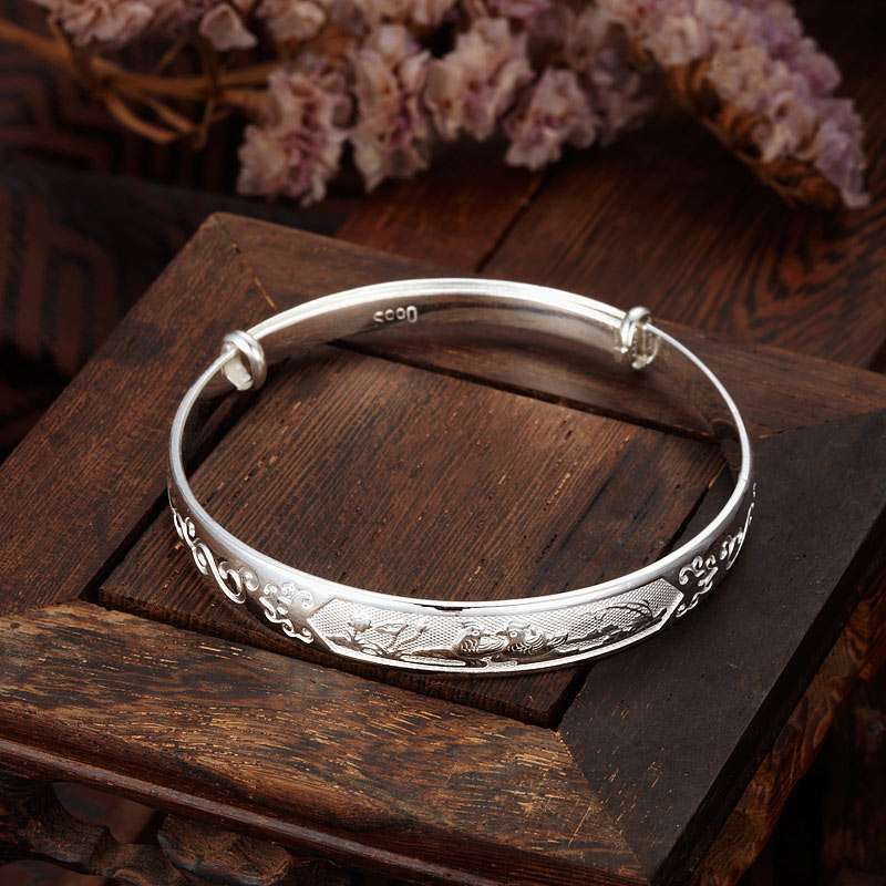 跃进珠宝-s990纯银手镯鸳鸯戏水精品雕花 约22克(带权威国检证书)