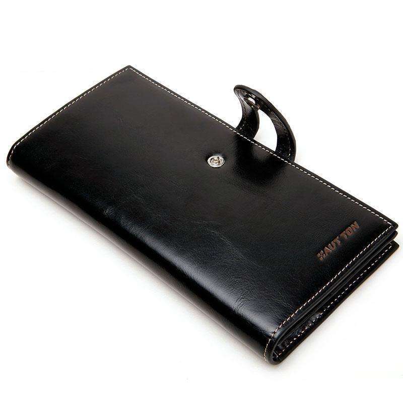 Hautton/皓顿男士长款钱包 搭扣钱包头层油蜡皮钱夹 商务长款钱夹 油蜡黑 QB15