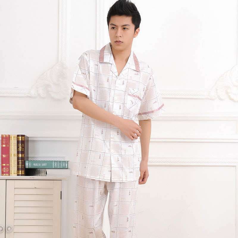 金丰田夏季男士全棉格子短袖睡衣套装酒红色(XXL)1040