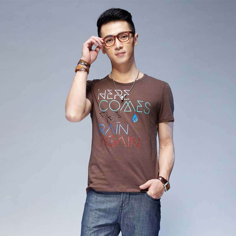 唐狮 男式 男潮流前胸字母印花T恤613211022422（驼色L）