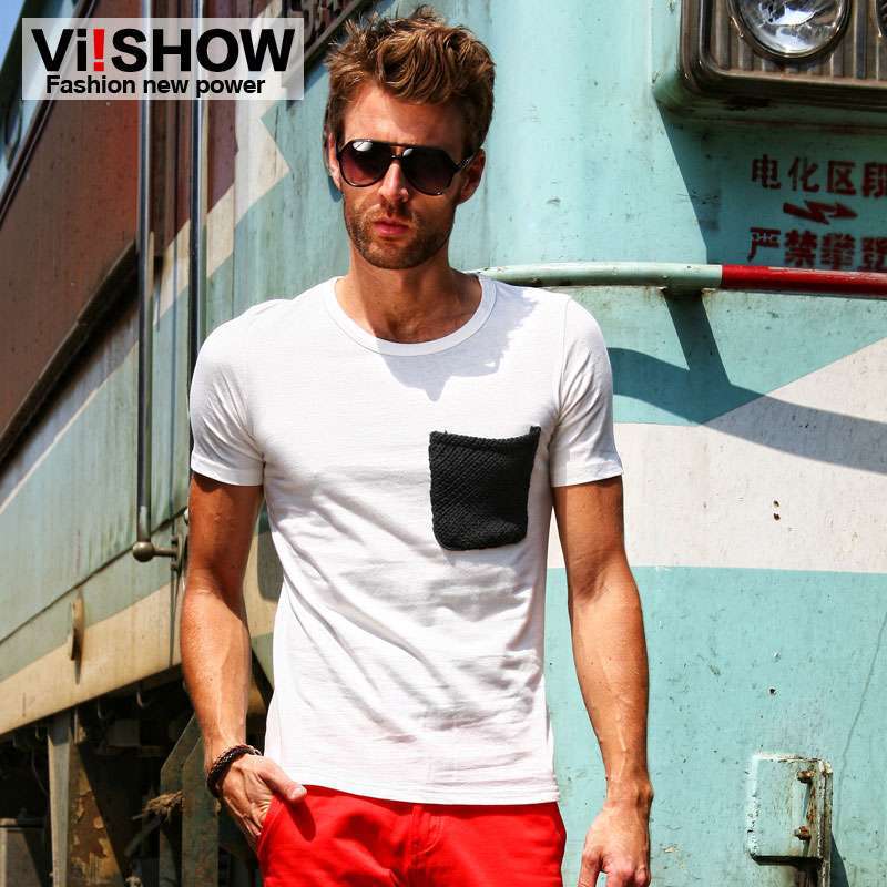 viishow 亚麻口袋装饰短袖圆领t恤多色男式t恤T112（白色/灰色/M）