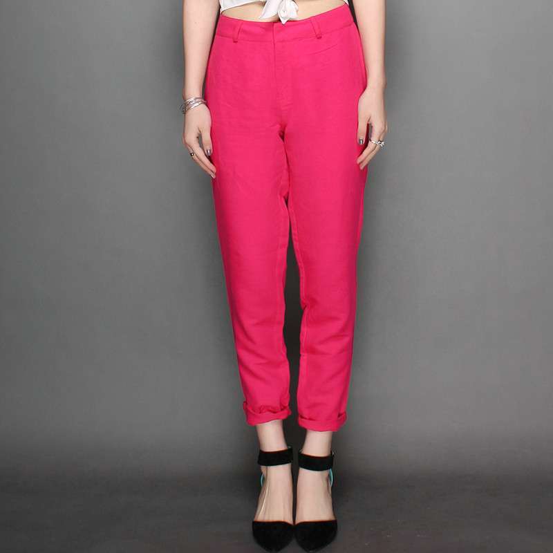 伊甸基因直筒宽松亚麻裤子EB130065玫红色S