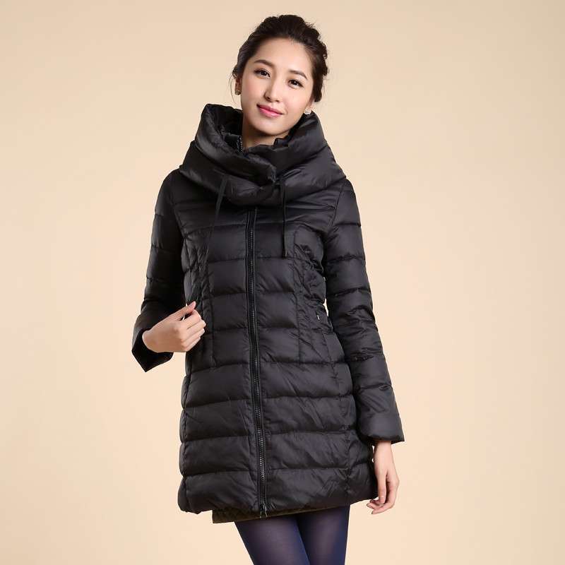 雅鹿女装泡泡领简单修身中长款羽绒服yn21010 黑色 xl