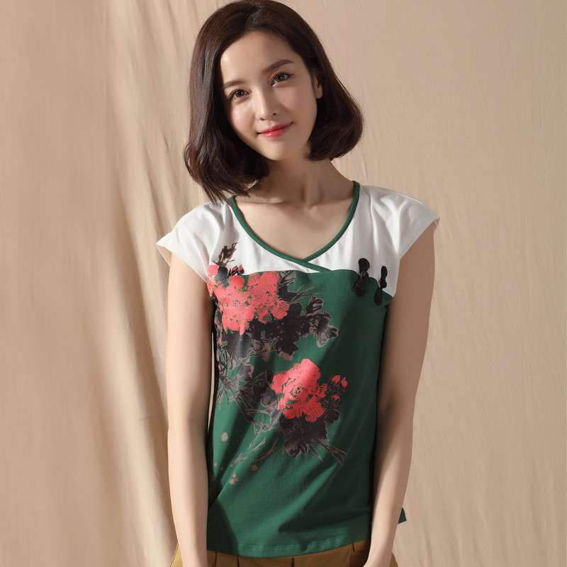 俏艺 2015夏装新品 中国风深绿撞色手工盘扣印花短袖修身t恤女 2012 深叶绿 L