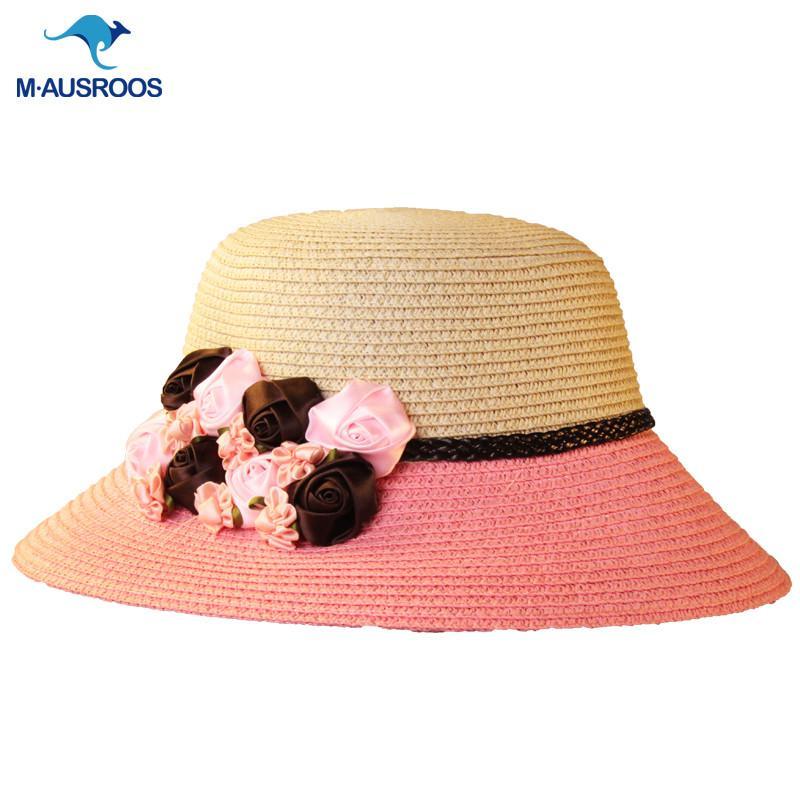 新款 女士花朵遮阳草帽夏季沙滩防晒渔夫盆帽太阳帽 米色