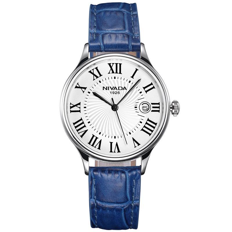 尼维达(nivada) 时尚简约玫瑰金罗马数字蓝宝石真皮皮带石英女士手表