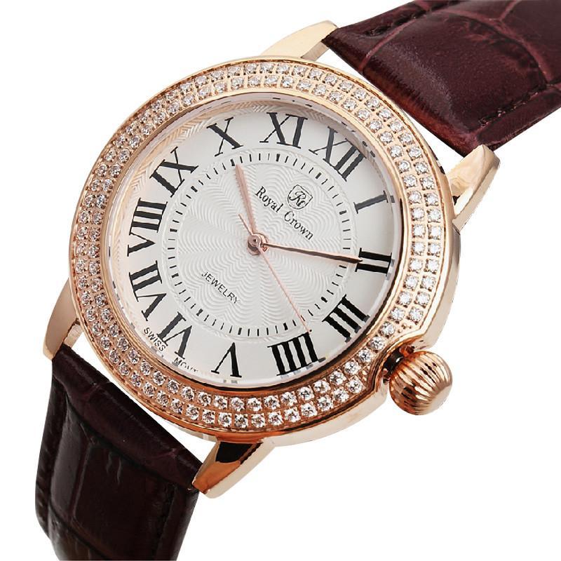 royal crown萝亚克朗石英表女表手表镶钻女士新款腕表 6119 红带银盘