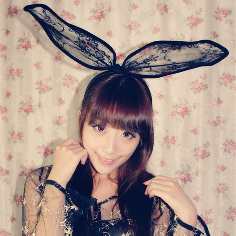 粉红猫 明星款超大黑色蕾丝兔子耳朵发箍发带发圈发卡性感兔女郎欧美