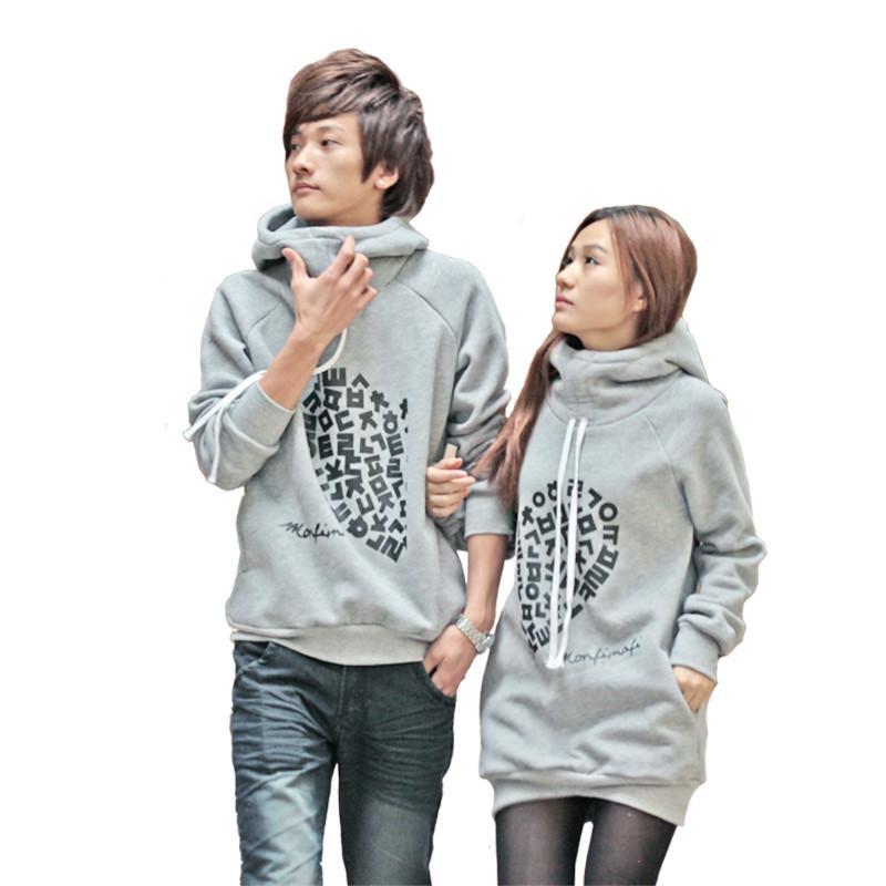 QQtom 秋冬情侣装时尚卫衣新款圆领连帽带帽加厚韩版外套头长款 浅灰色 男装L