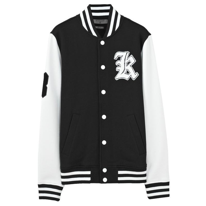 佐丹奴男 骑士徽章拼色抓绒棒球服01074957001 02黑色 加大码