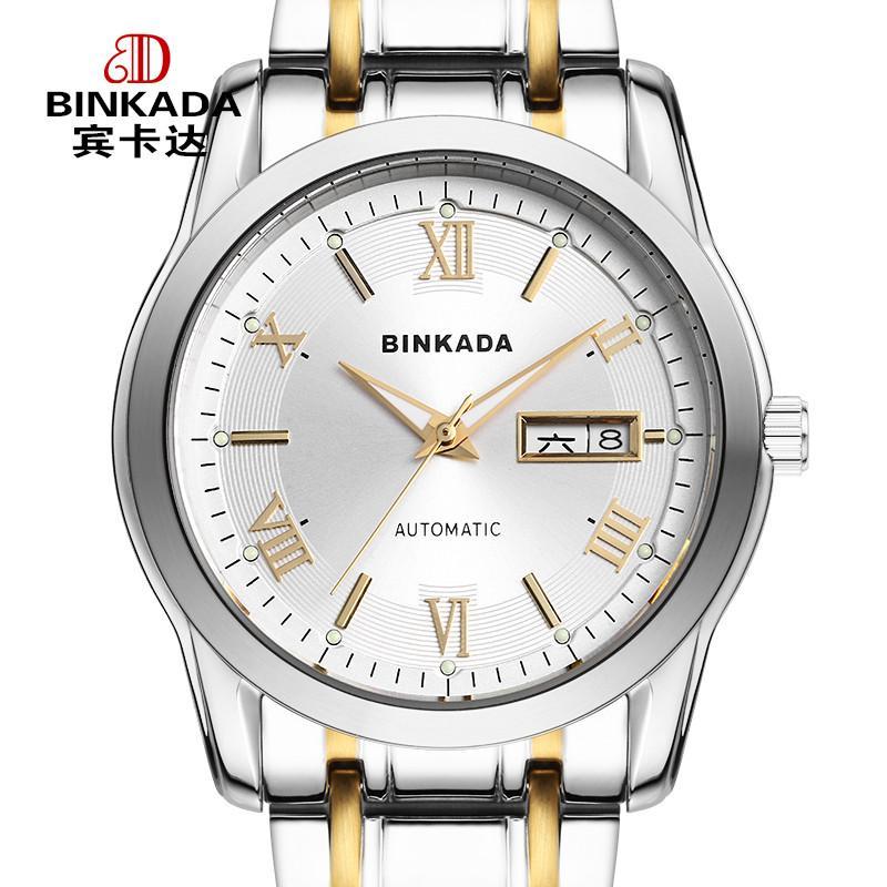 宾卡达BINKADA手表 全自动机械表 商务休闲精钢防水男表 罗马刻度双历精钢腕表8290 钢带间金白盘