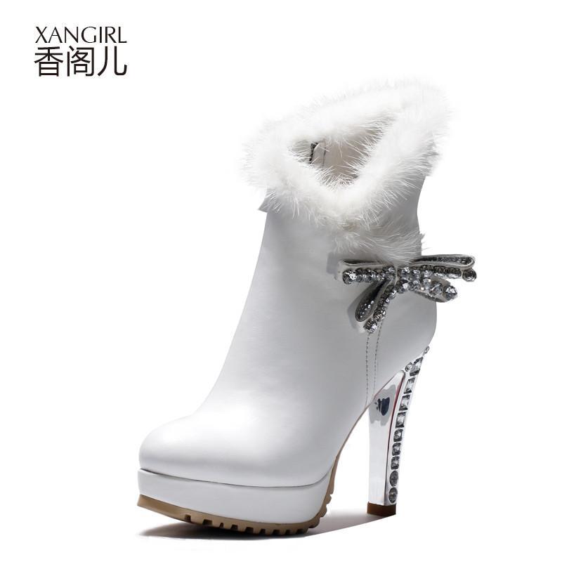 香阁儿 女款靴子秋冬 头层牛皮水钻貂毛高跟细跟短筒短靴女鞋子 白色 38码