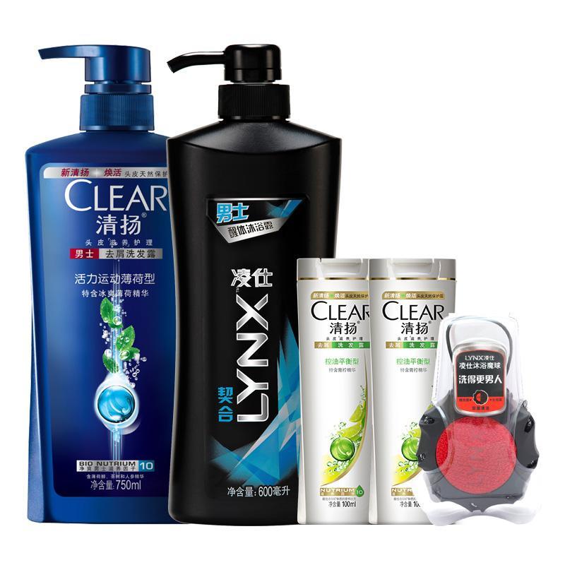 清扬男士去屑洗发露750ml+凌仕男士醒体沐浴露契合600ml+清扬去屑洗发露100ML×2（蓝白瓶随机发货）+凌仕沐浴魔球