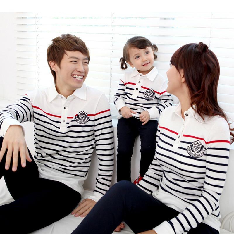 Thecouplepig亲子装新春装2015新款 全家装一家三口母子装母女装条纹翻领纽扣韩版潮装 白色 130cm
