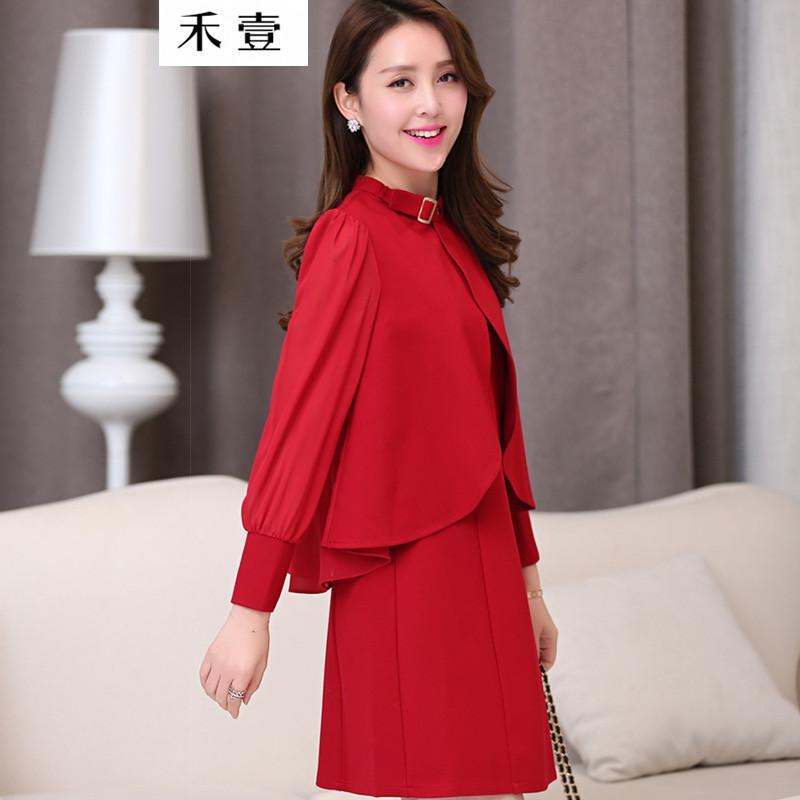 禾壹 2015春装新款女装韩版时尚甜美修身气质显瘦不规则斗篷雪纺连衣裙 两件套红色 XXL
