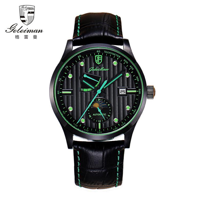 格雷曼geleiman 瑞士表男表 全自动机械表 男士多功能全自动手表时尚商务表盘精钢手表 高端腕表98010 绿色皮带